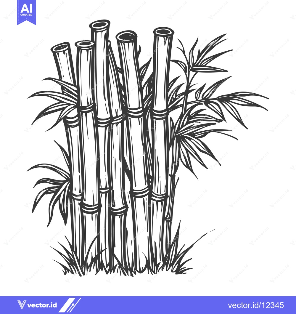 Premium Vector of A cluster of bamboo stalks with leaves in a simple black and white ill