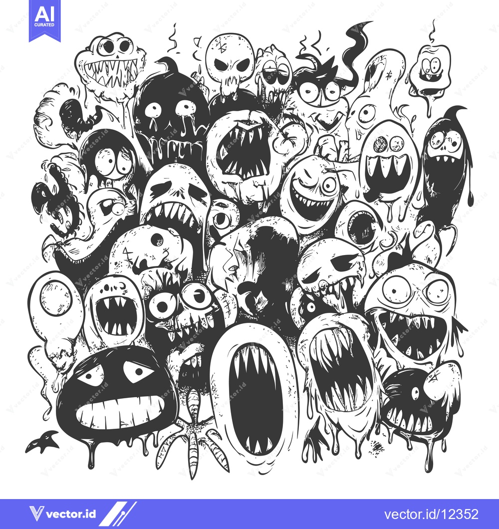 Premium Vector of A Cluster of Grotesque, Cartoon Monsters with Open Mouths and Fangs