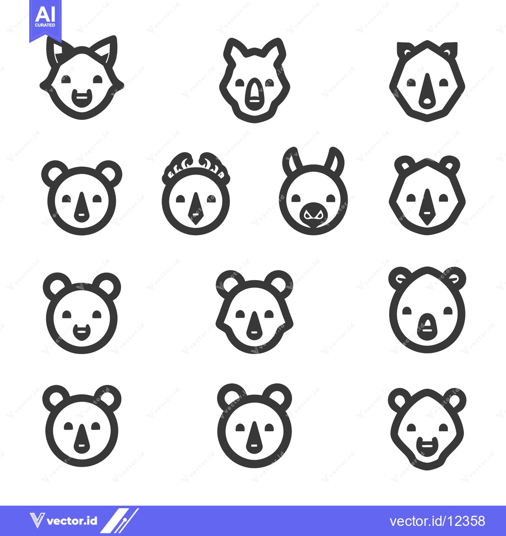 Premium Vector dari A Collection of 12 Animal Faces in Black and White Line Art
