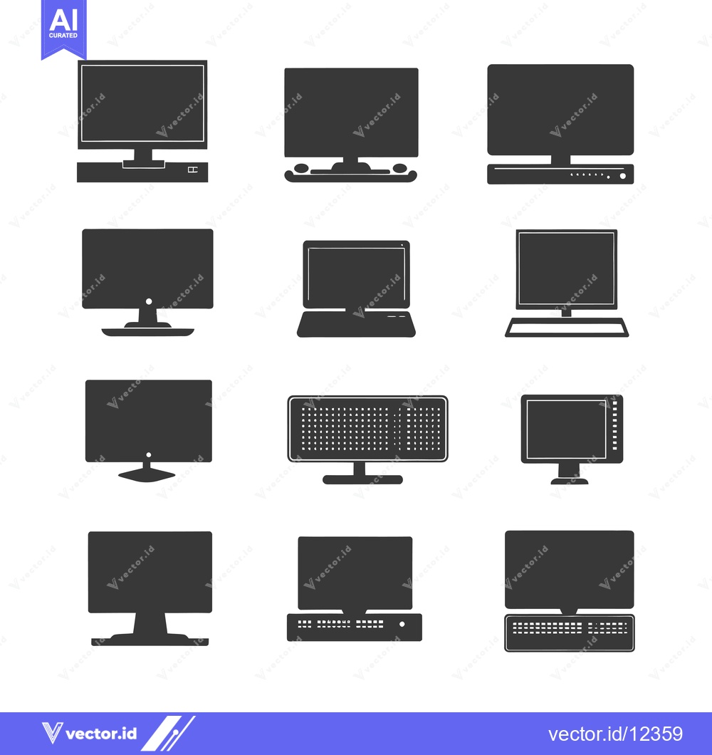 Premium Vector dari A Collection of 12 Black and White Computer Monitor Silhouettes