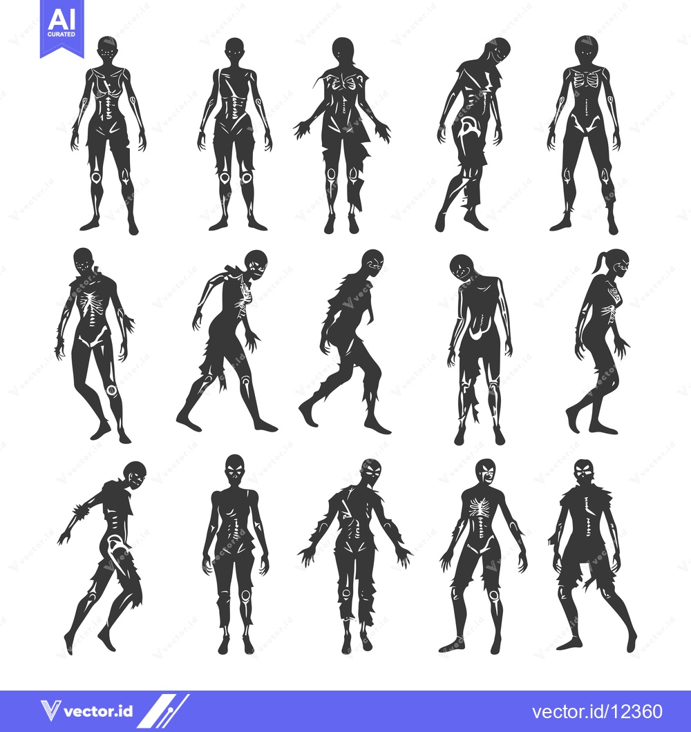 Premium Vector of A Collection of 12 Black and White Female Zombie Silhouettes