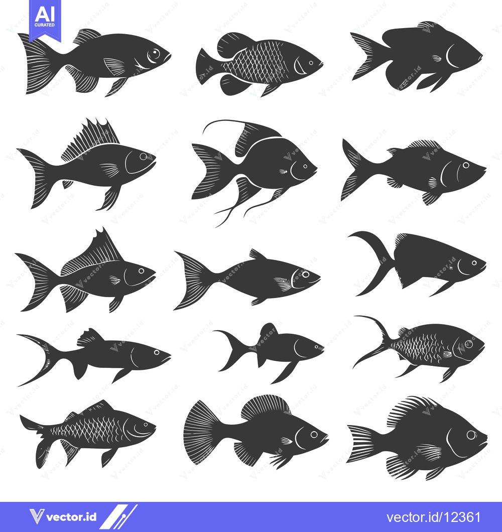 Premium Vector of A Collection of 12 Black and White Fish Silhouettes