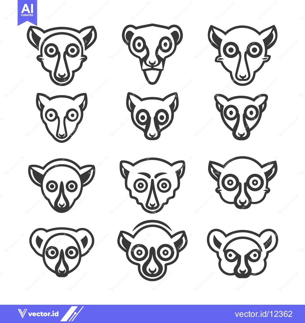 Premium Vector dari A Collection of 12 Black and White Line Drawings of Lemur Faces
