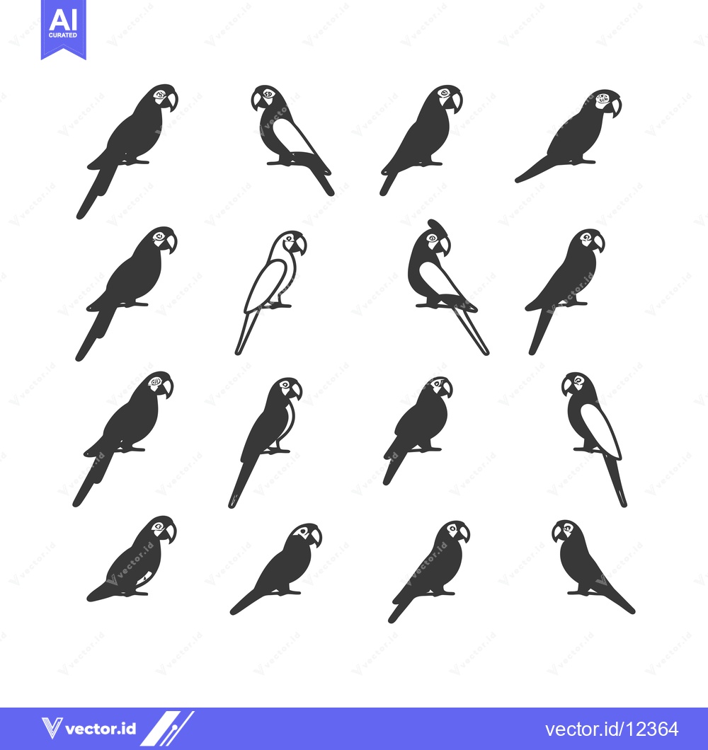 Premium Vector dari A Collection of 12 Black and White Parrot Silhouettes in Different Pos