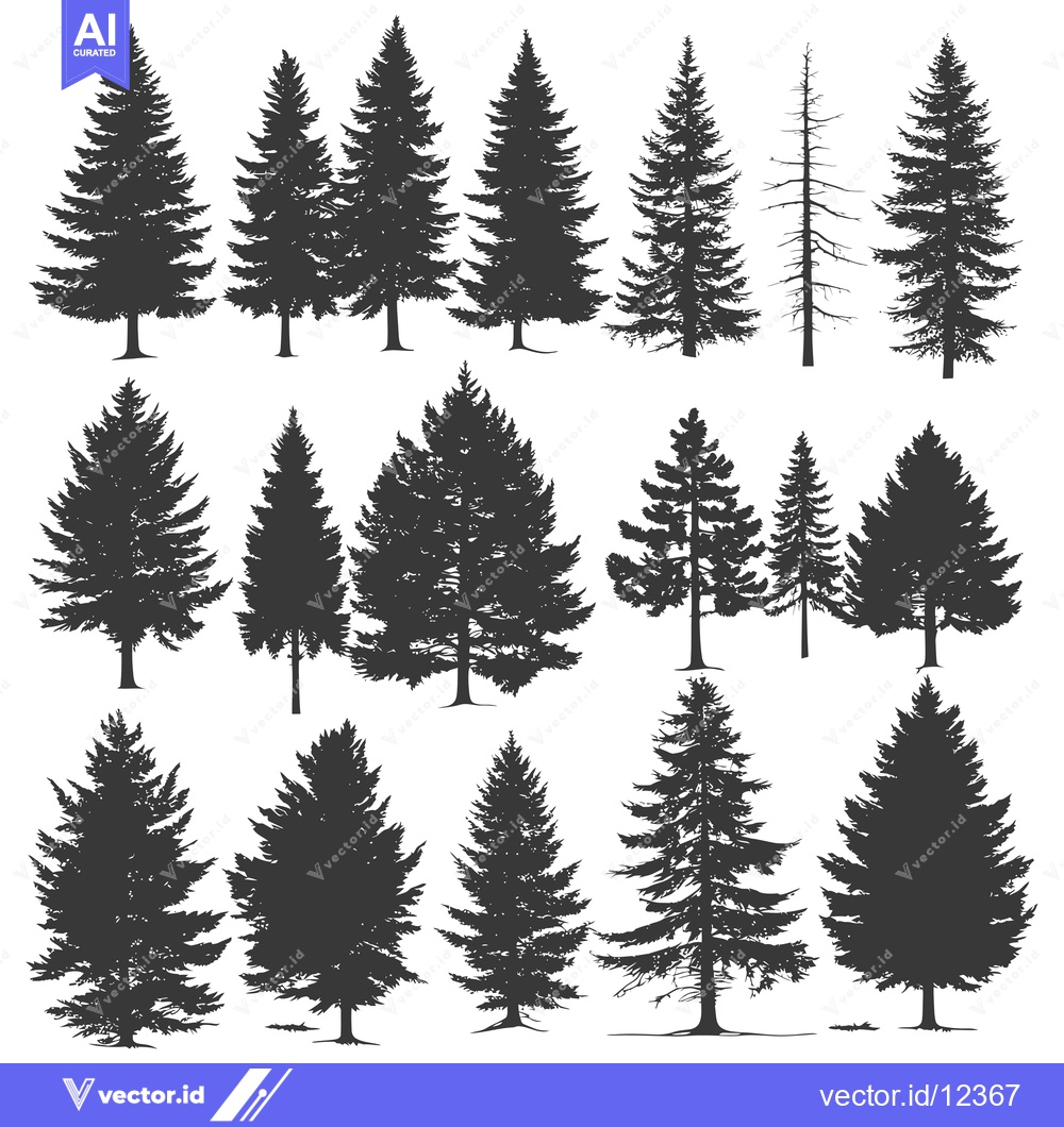 Premium Vector dari A Collection of 12 Detailed Evergreen Tree Silhouettes
