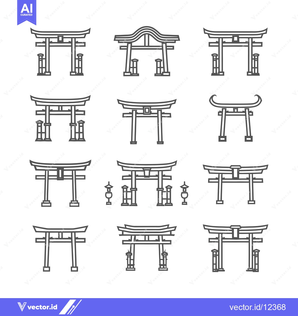 Premium Vector dari A Collection of 12 Different Line Drawings of Traditional Japanese Tor