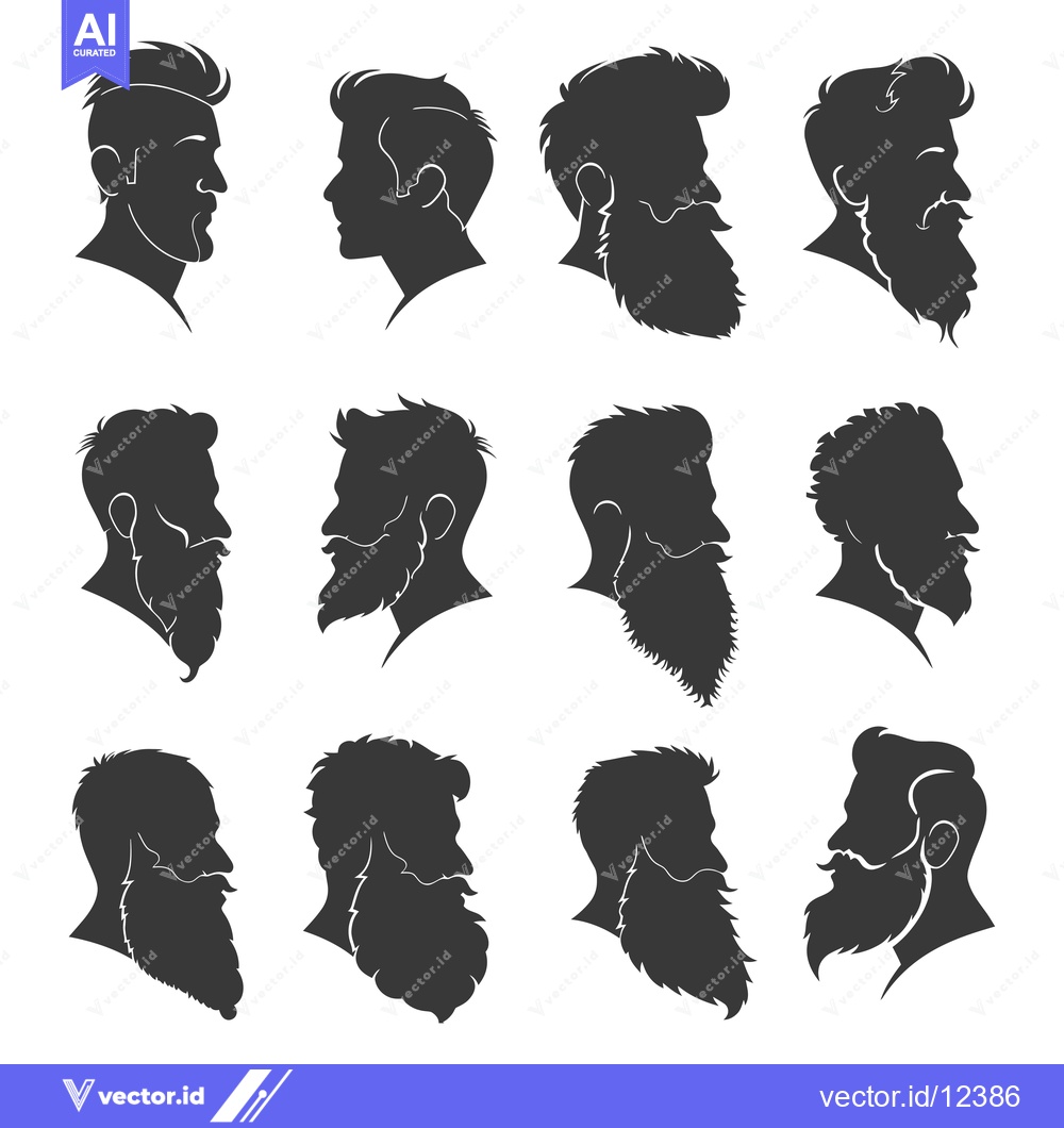 Premium Vector of A Collection of 12 Silhouettes of Men with Beards and Various Hairstyl