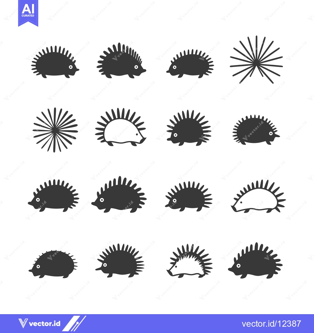Premium Vector of A Collection of 12 Simple Hedgehog Silhouettes and Two Sunburst Design