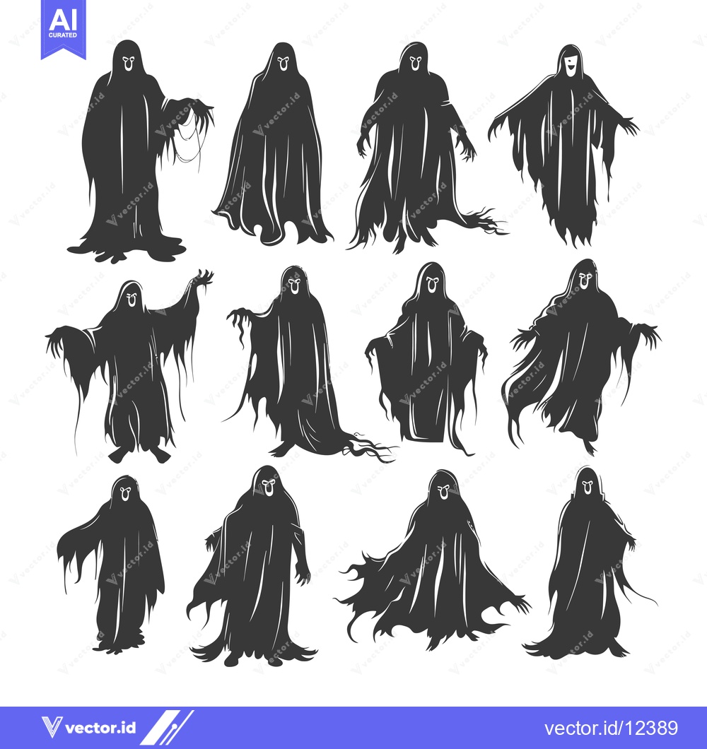 Premium Vector dari A Collection of 12 Spooky Ghost Silhouettes in Various Poses