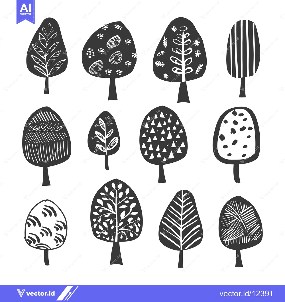 Premium Vector dari A Collection of 12 Stylized Black and White Trees