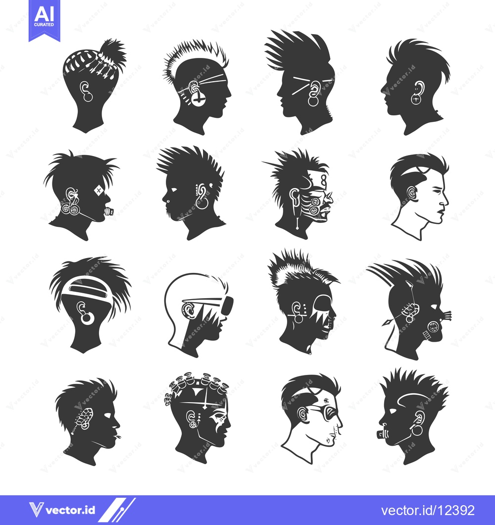 Premium Vector dari A Collection of 12 Unique Punk Hairstyles with Ear Piercings