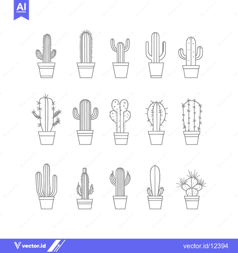 Premium Vector dari A Collection of 13 Grey Outline Cactus Illustrations in Pots