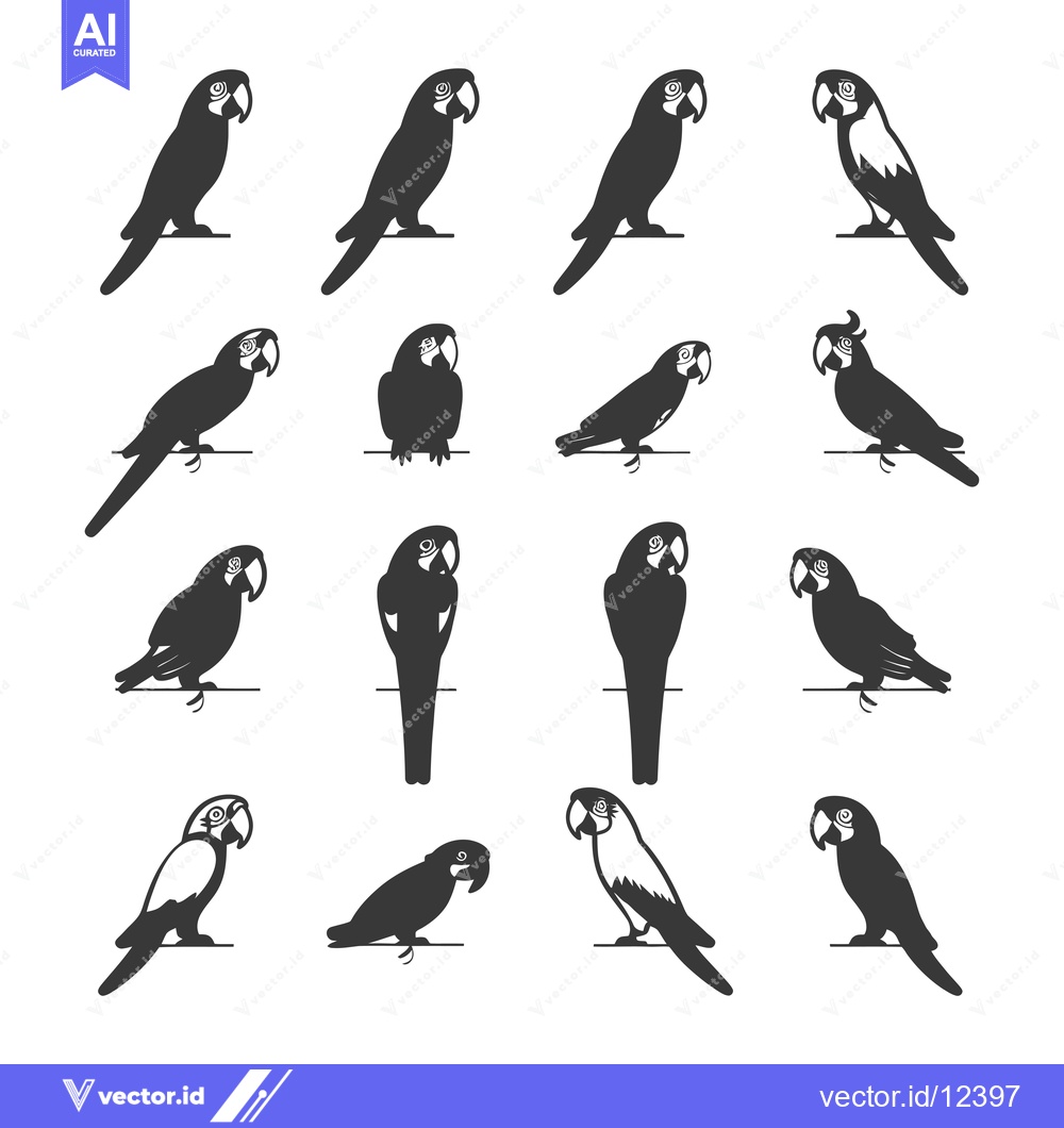 Premium Vector of A Collection of 14 Black and White Parrot Silhouettes