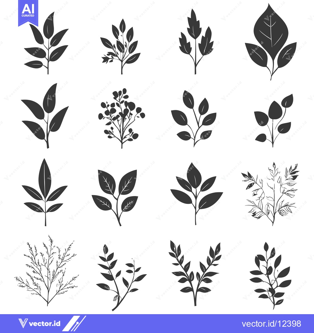 Premium Vector dari A Collection of 14 Black and White Silhouettes of Various Leaf Shapes