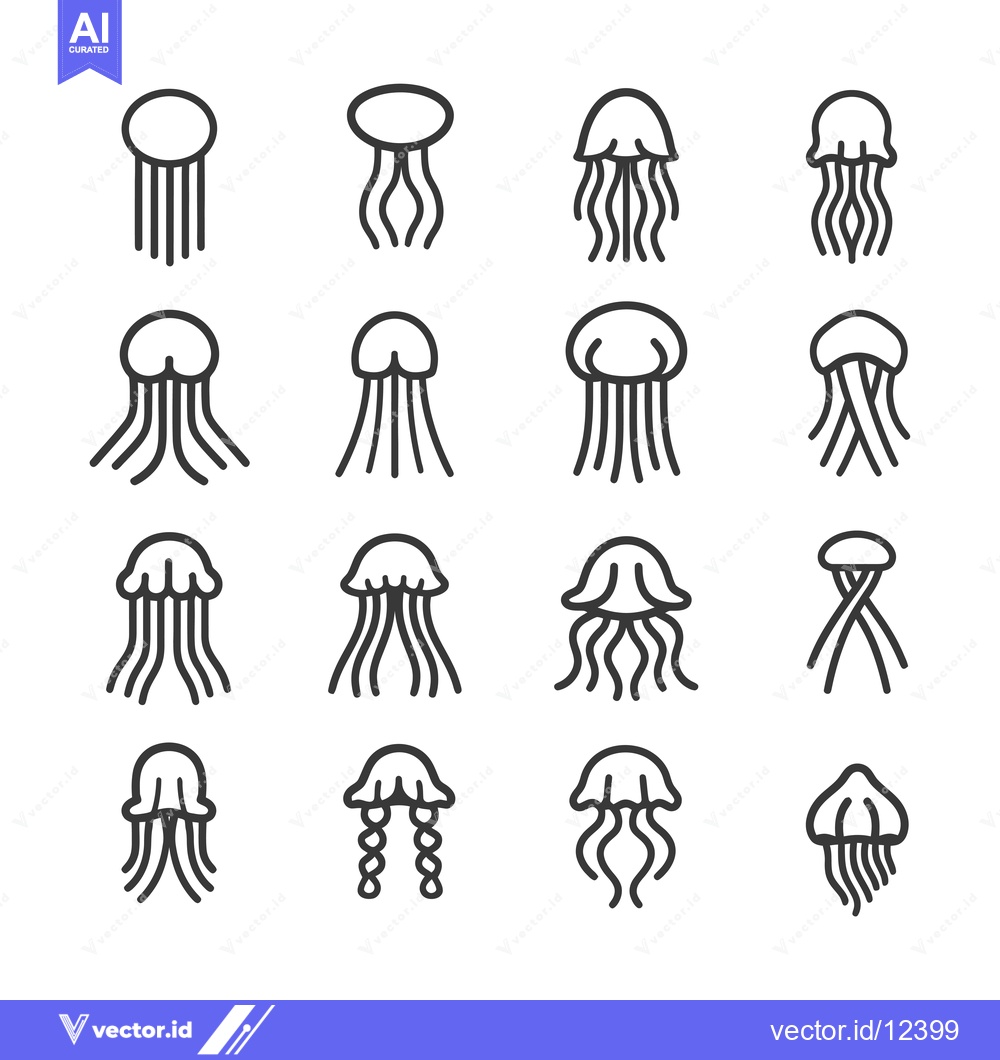 Premium Vector dari A Collection of 14 Different Line Drawings of Jellyfish