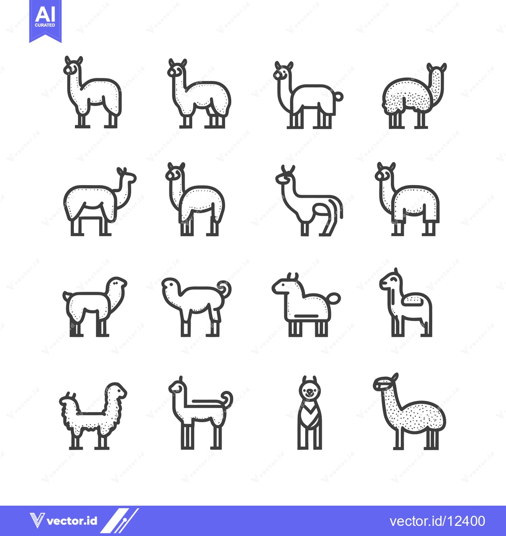 Premium Vector dari A collection of 14 line art llama illustrations
