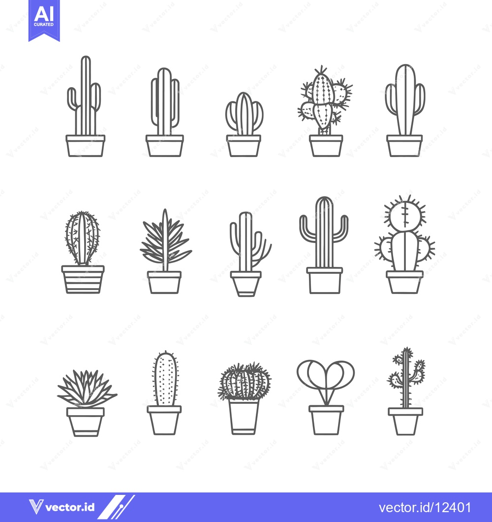 Premium Vector of A collection of 14 potted cacti in black and white outline style