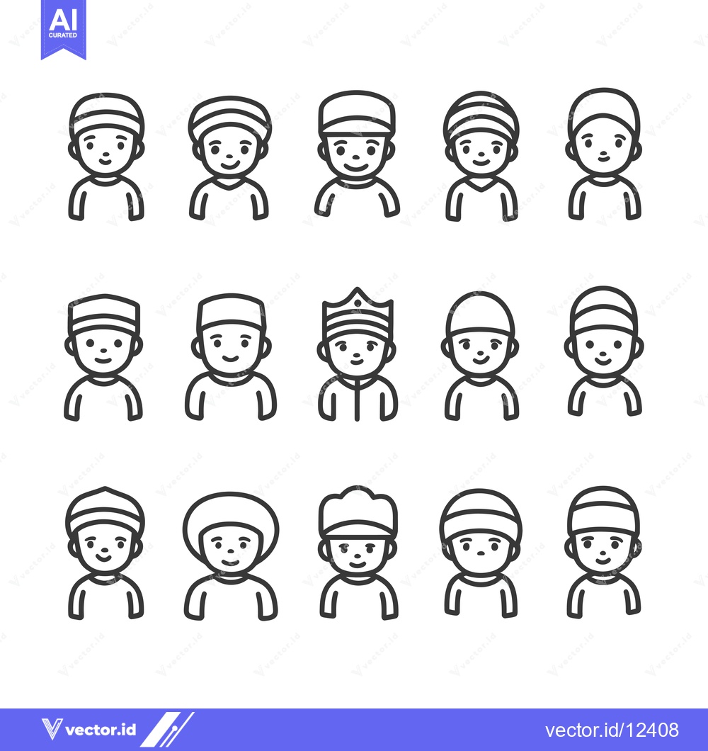 Premium Vector of A collection of 15 line art icons depicting smiling children wearing v