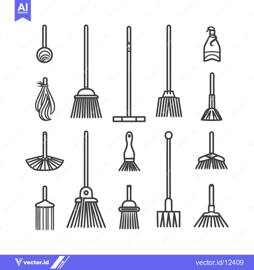 Premium Vector of A Collection of 15 Line Drawings of Different Types of Brooms and Rake