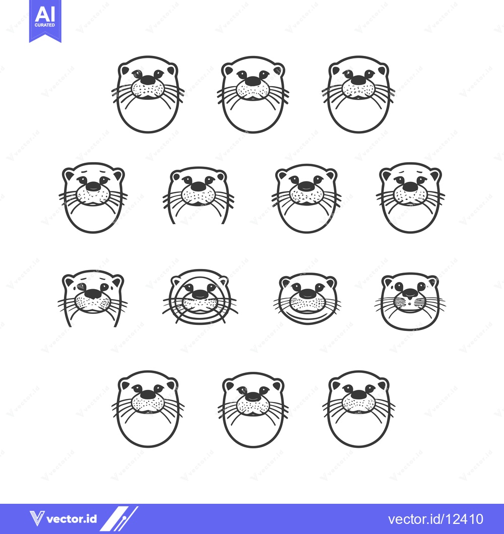 Premium Vector dari A Collection of 15 Otter Faces in Black and White Line Art