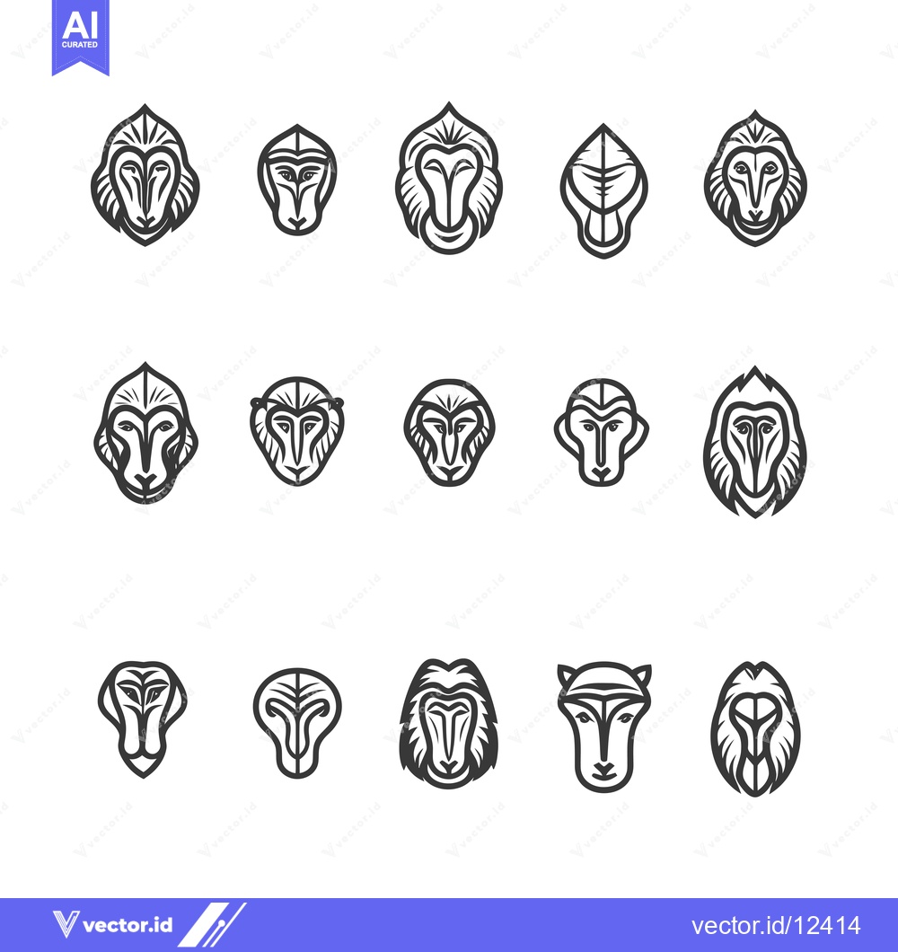 Premium Vector of A Collection of 15 Stylized Black and White Monkey Faces