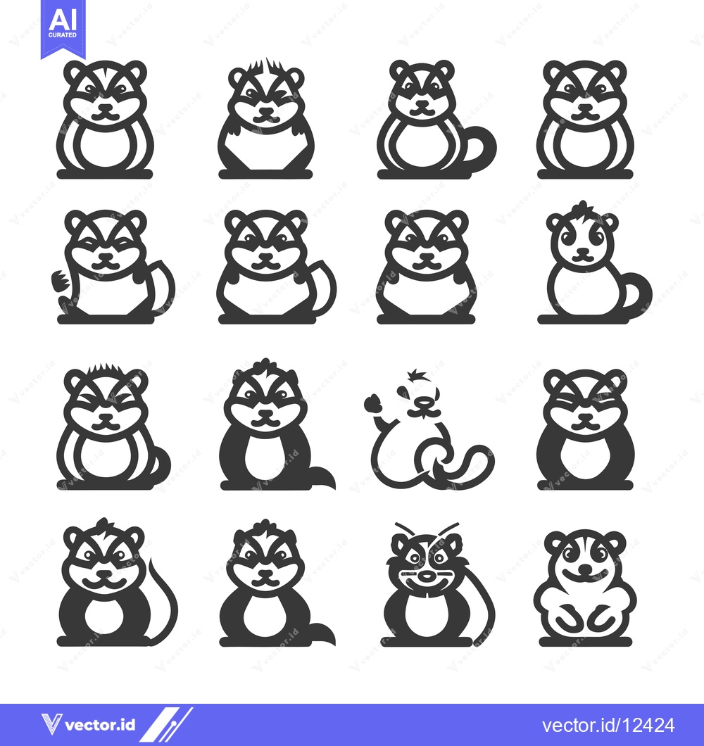 Premium Vector of A Collection of 16 Black and White Cartoon Badger Illustrations