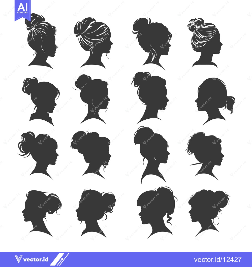 Premium Vector dari A Collection of 16 Black and White Female Silhouettes in Profile with