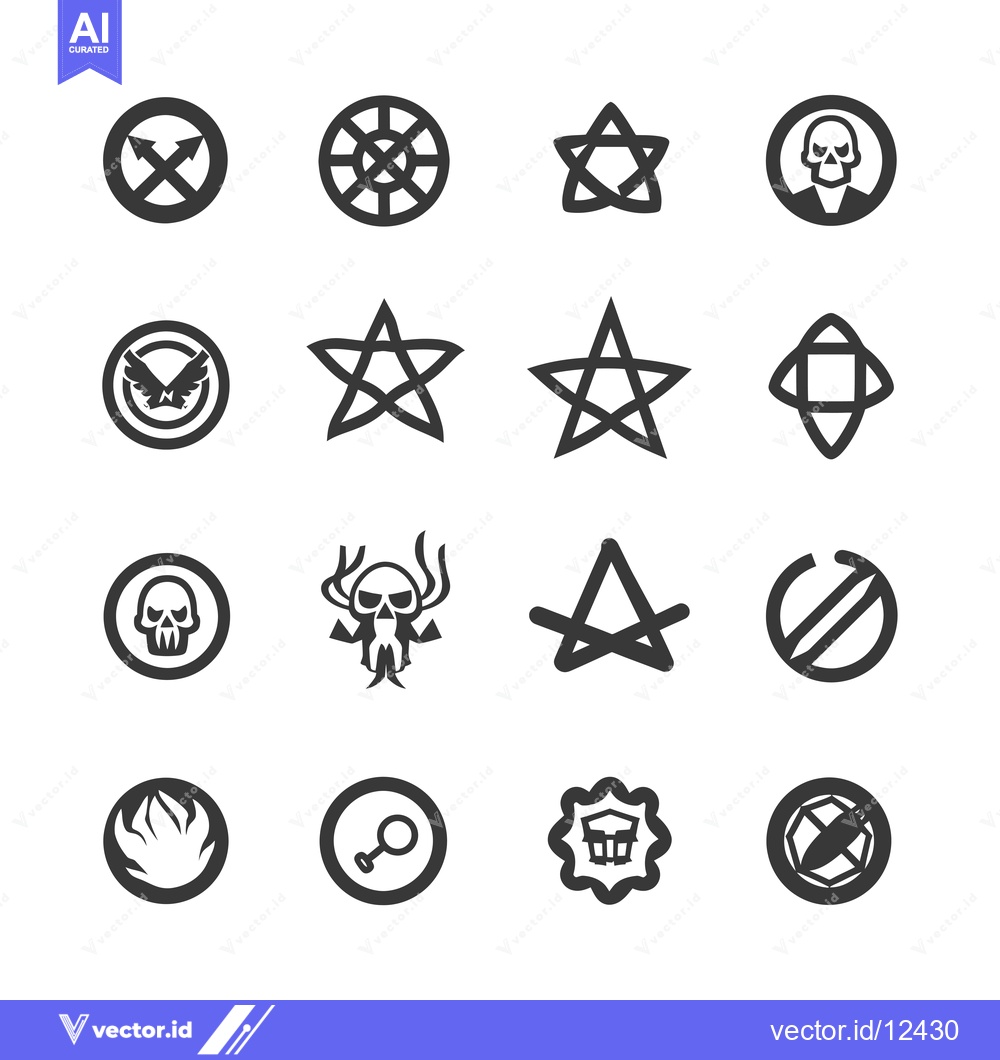 Premium Vector of A Collection of 16 Black and White Geometric and Skull-Themed Icons