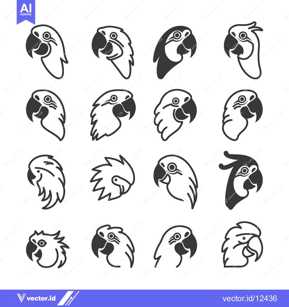 Premium Vector dari A Collection of 16 Black and White Parrot Head Illustrations