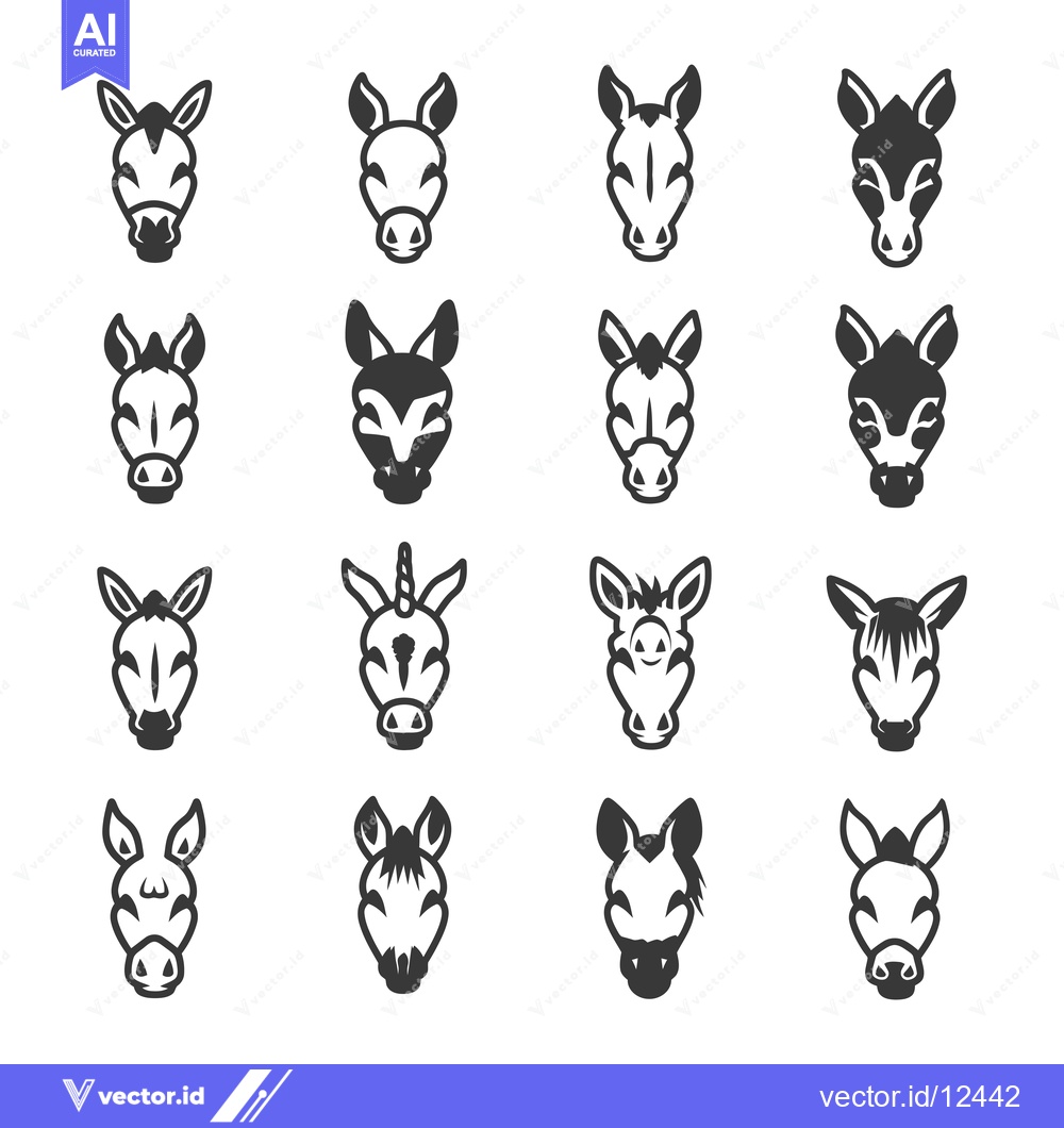 Premium Vector of A Collection of 16 Cartoon Donkey Faces in Black and White