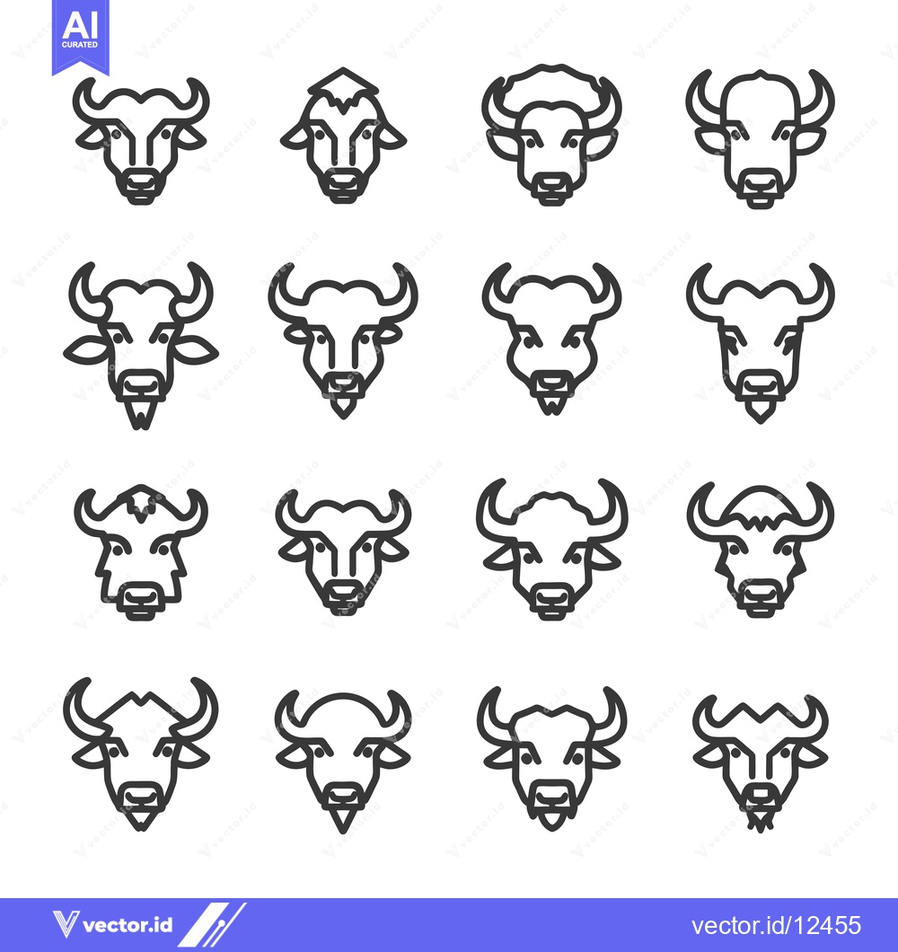 Premium Vector dari A Collection of 16 Line Art Buffalo Head Icons