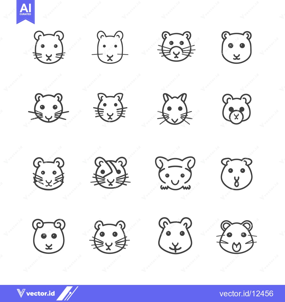 Premium Vector of A Collection of 16 Line Art Hamster Faces with Different Expressions