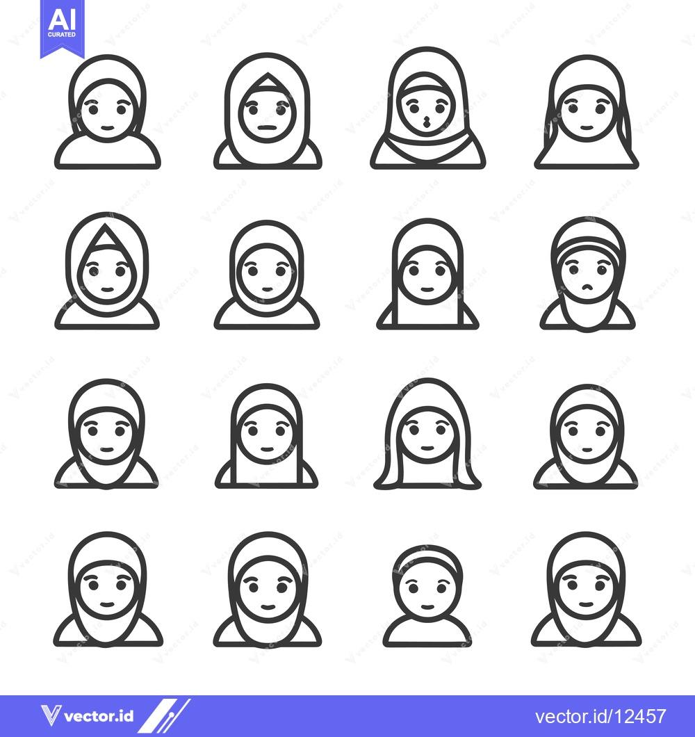 Premium Vector of A Collection of 16 Line Art Icons Depicting Women Wearing Hijabs