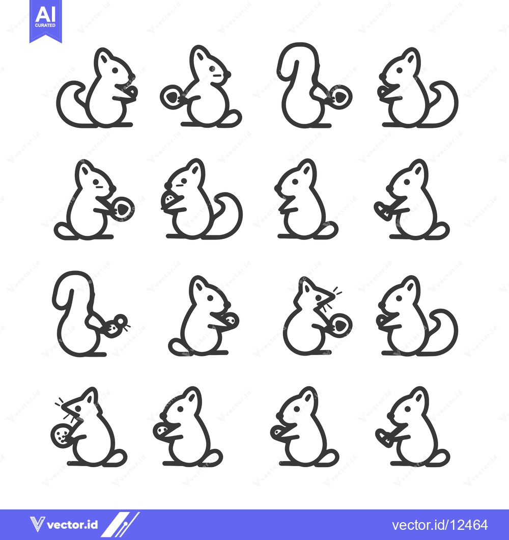 Premium Vector dari A collection of 16 line drawings depicting squirrels in various poses,