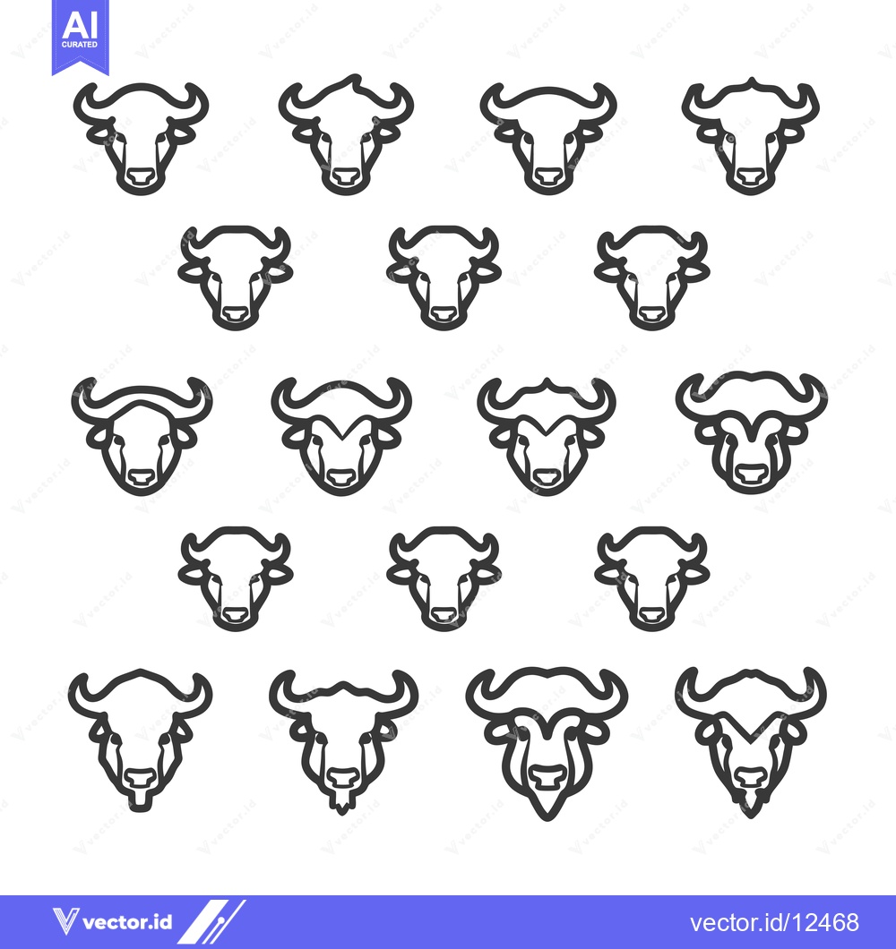 Premium Vector of A Collection of 16 Line Drawings of Cow Heads Facing Forward
