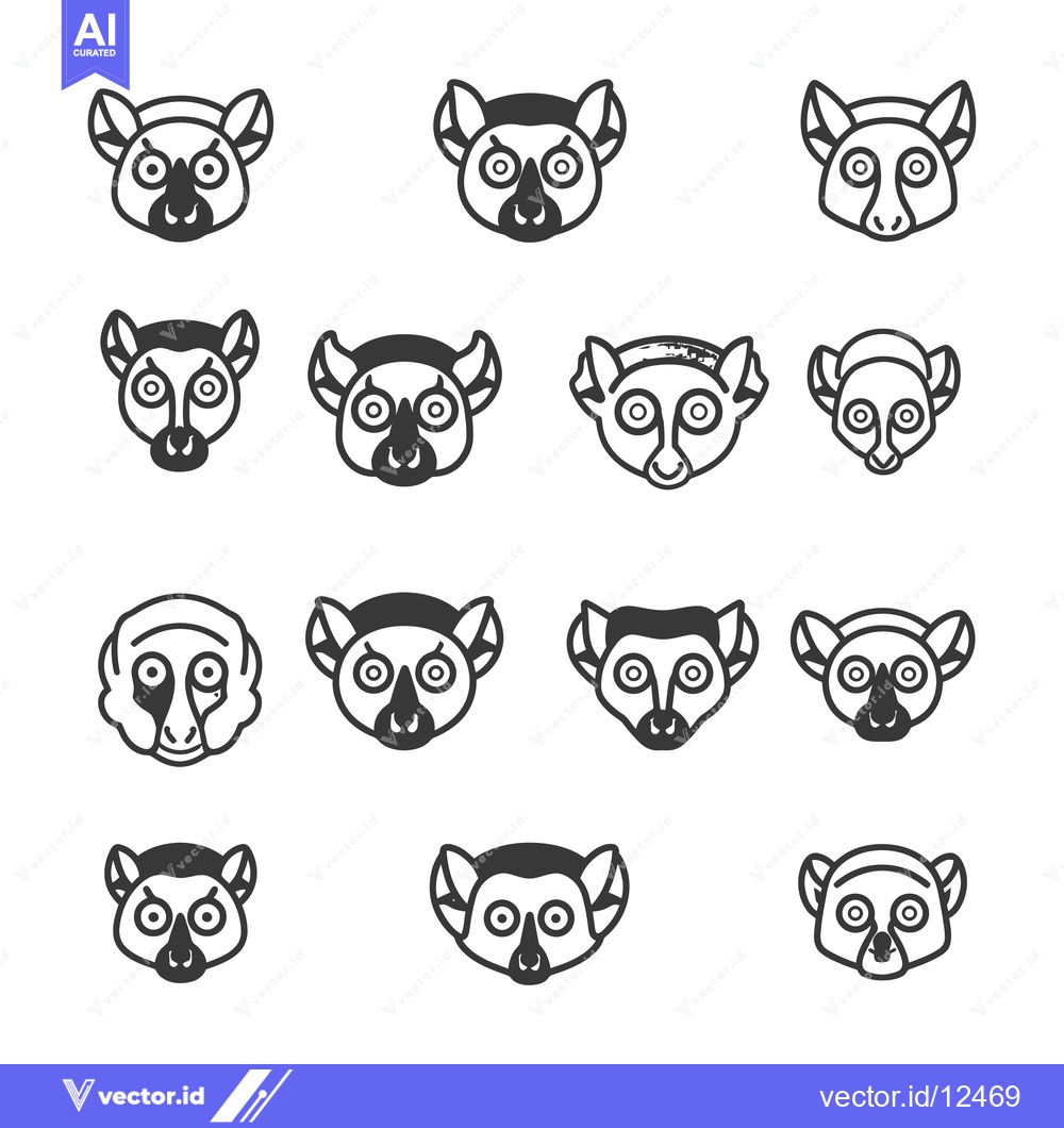 Premium Vector dari A Collection of 16 Line Drawings of Lemur Faces
