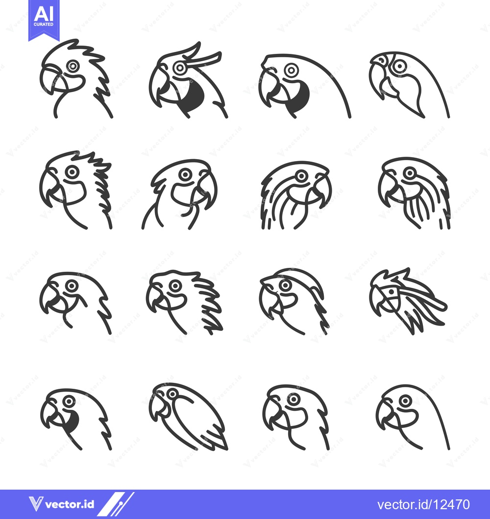 Premium Vector dari A Collection of 16 Line Drawings of Parrot Heads