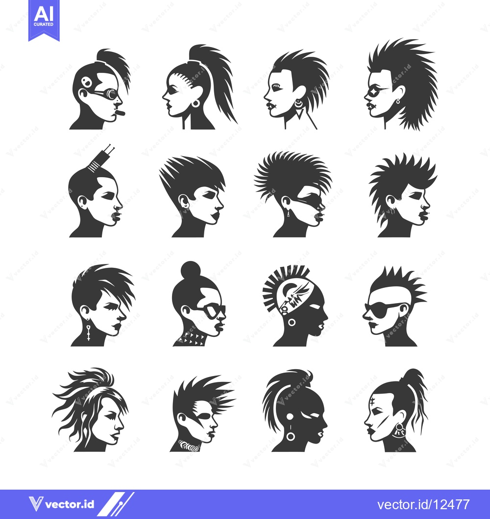 Premium Vector of A Collection of 16 Silhouettes of Women with Punk Hairstyles
