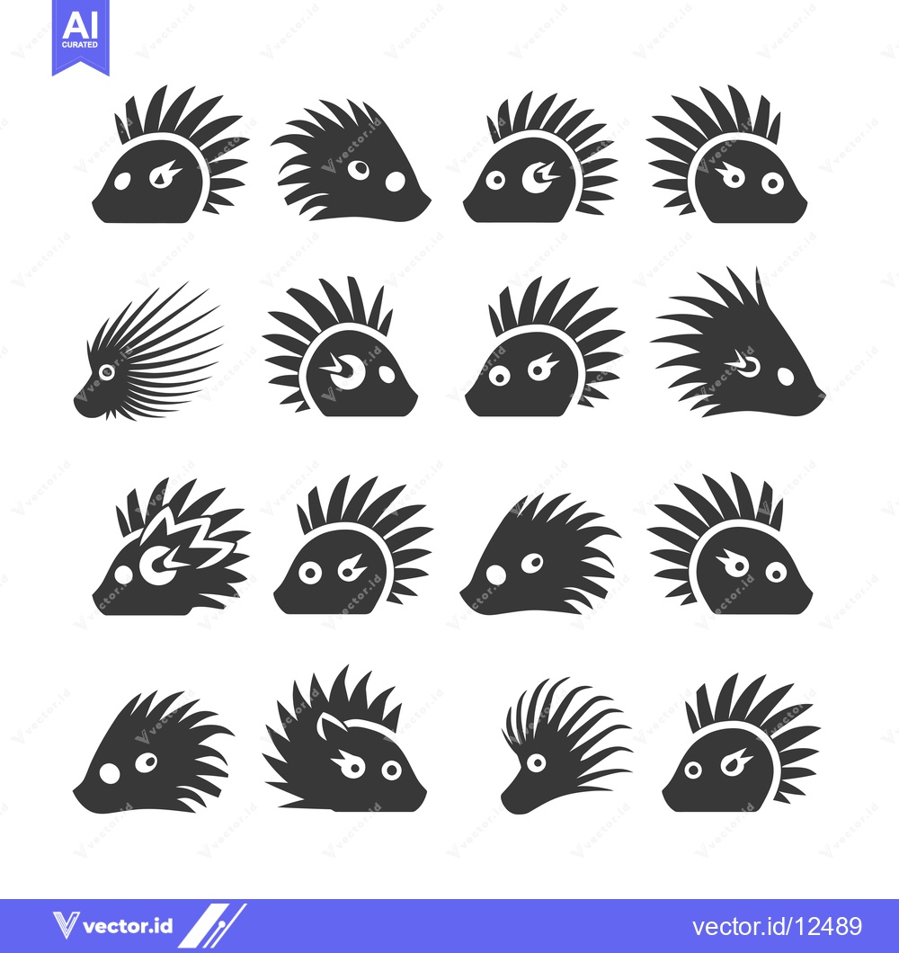 Premium Vector dari A collection of 16 stylized black and white porcupine head silhouettes