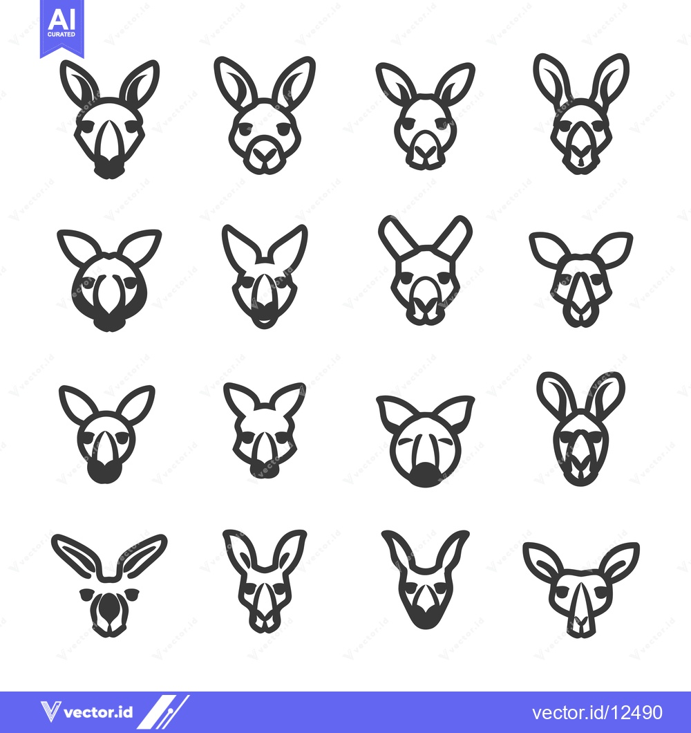 Premium Vector of A collection of 16 unique black and white kangaroo head illustrations
