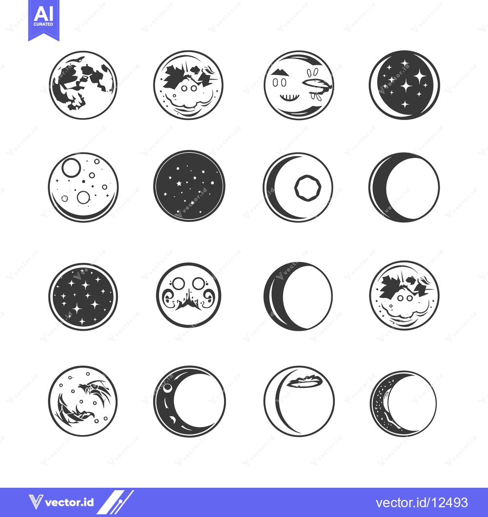 Premium Vector of A Collection of 16 Unique Moon Icons in a Black and White Aesthetic