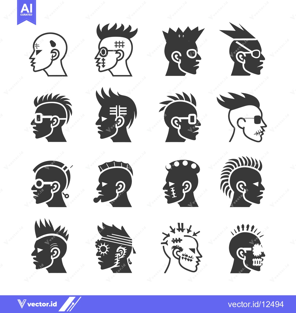 Premium Vector dari A Collection of 16 Unique Punk Rock Hairstyle Icons