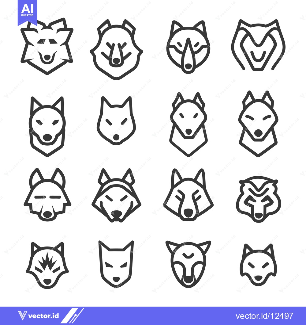 Premium Vector of A Collection of 16 Unique Wolf Head Icons in Outline Style