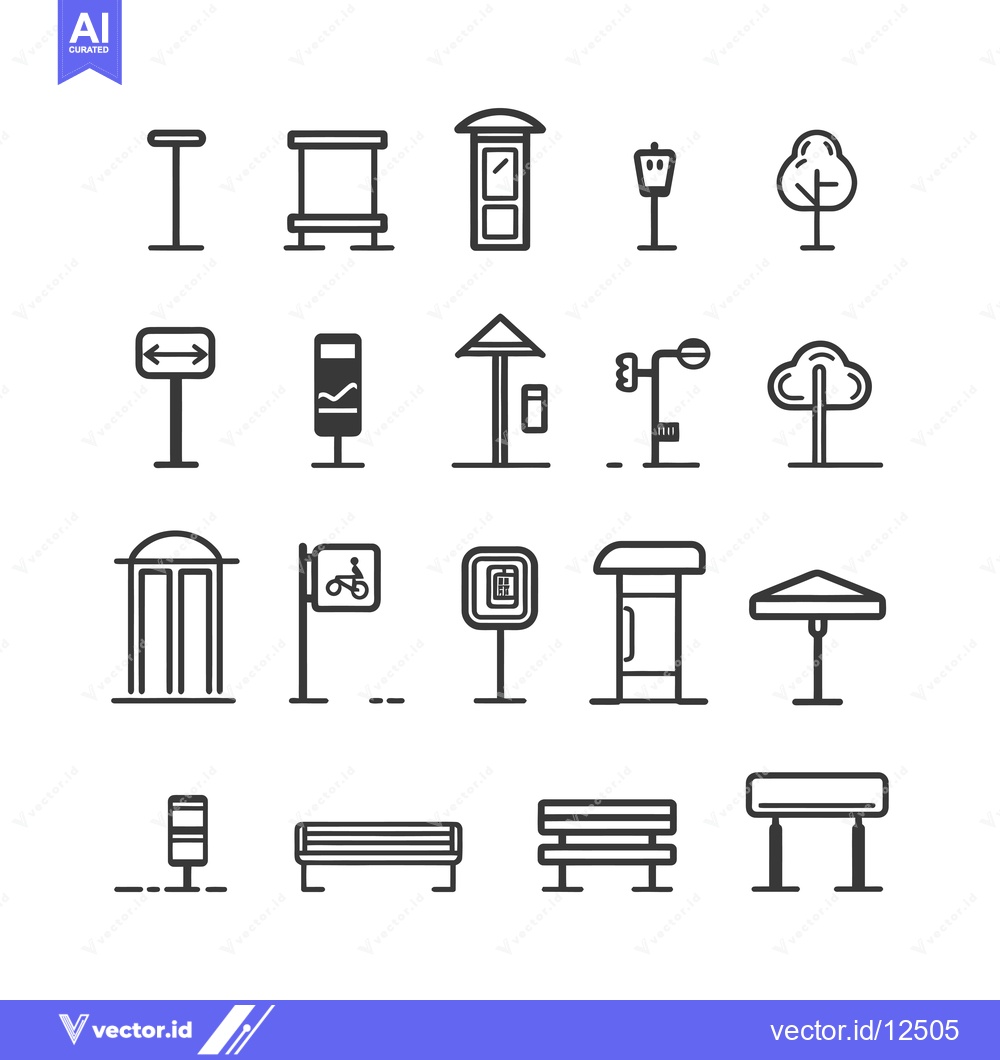 Premium Vector of A Collection of 18 Line Drawings Depicting Various Street Furniture El