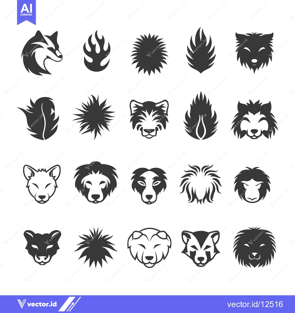 Premium Vector dari A Collection of 20 Black and White Animal Head and Abstract Icons