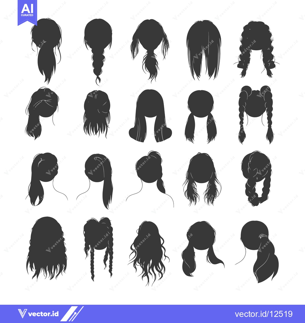 Premium Vector of A Collection of 20 Black and White Female Hairstyle Silhouettes
