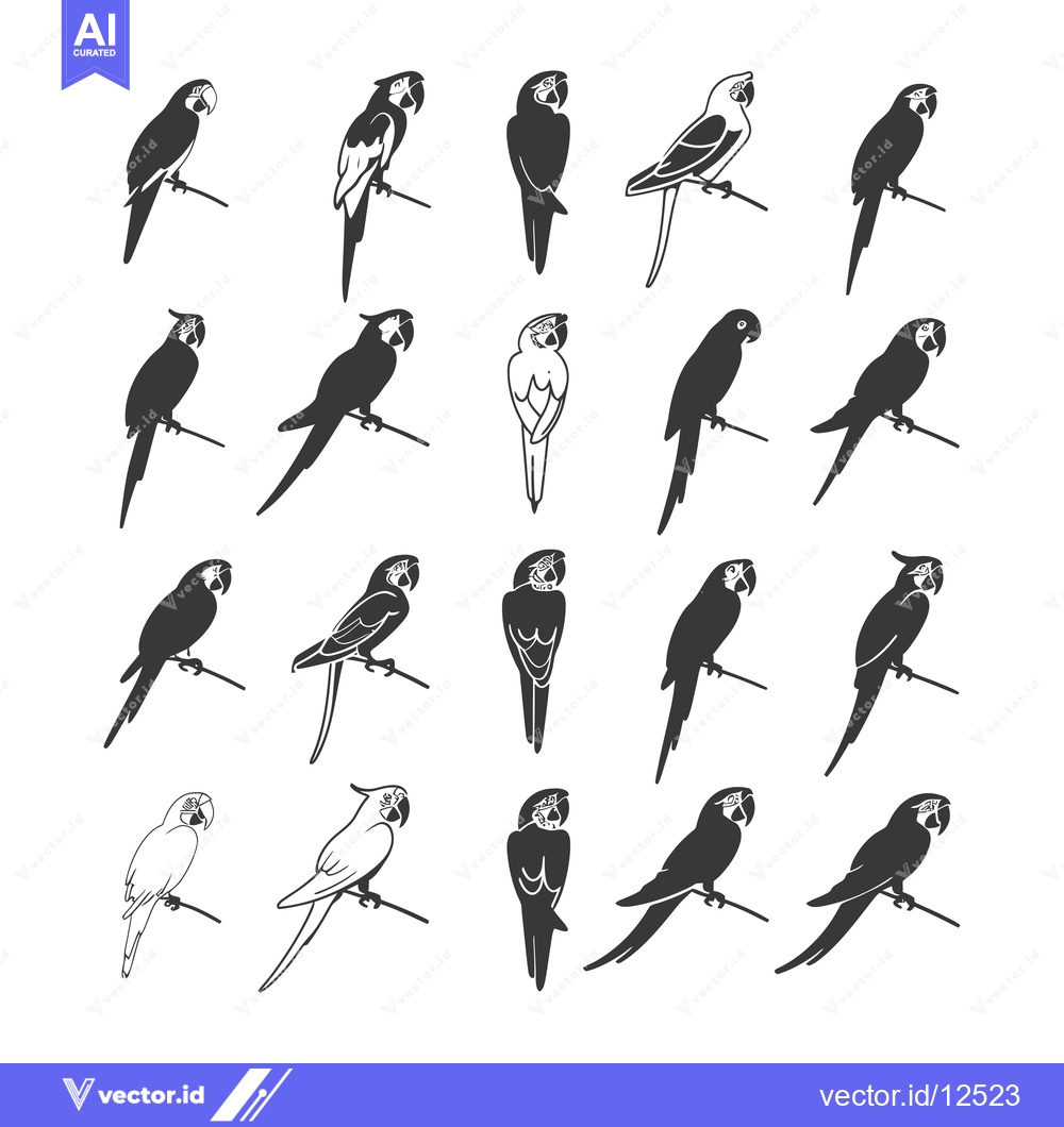 Premium Vector dari A Collection of 20 Black and White Macaw Parrot Silhouettes