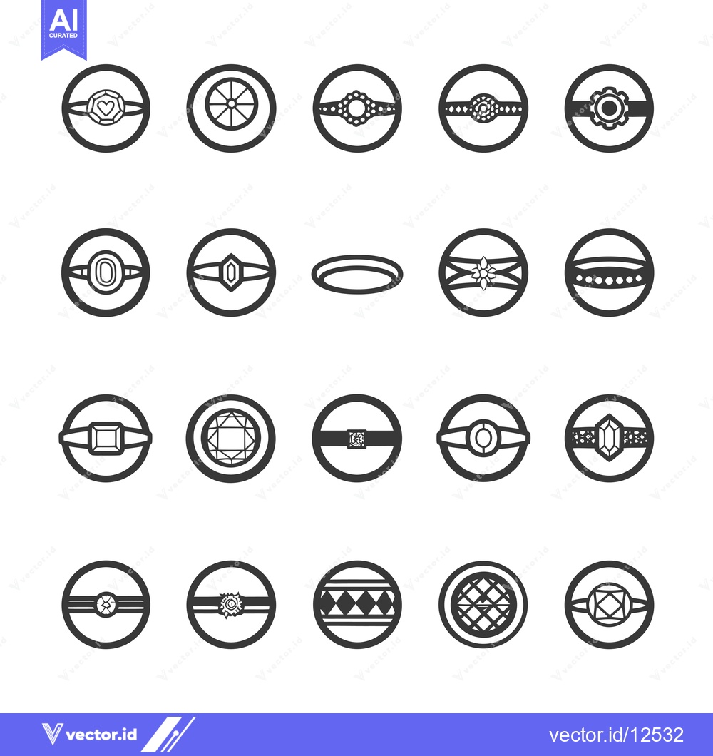 Premium Vector of A Collection of 20 Circular Illustrations Featuring Rings with Gemston