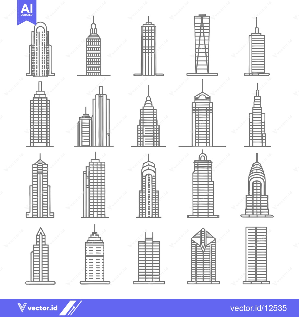 Premium Vector of A Collection of 20 Different Skyscraper Building Line Art Illustration