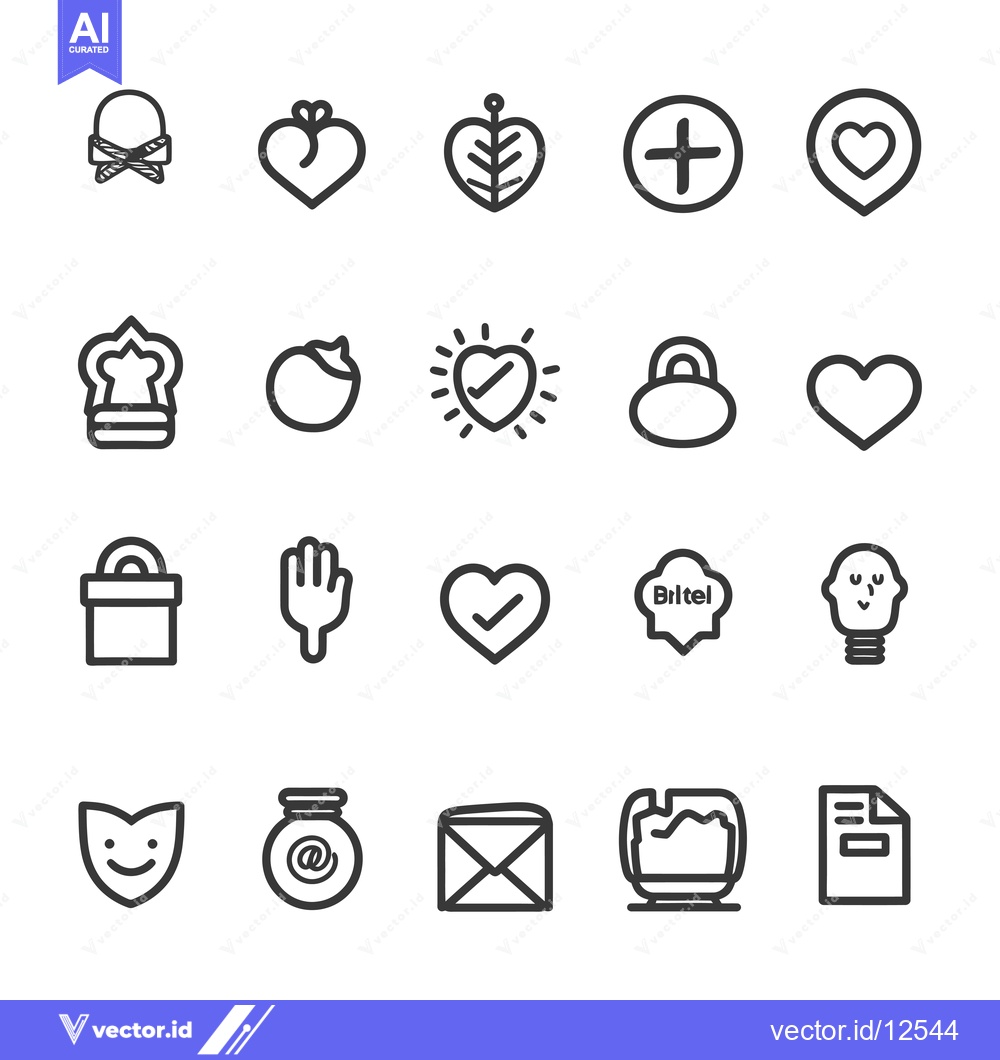 Premium Vector of A Collection of 20 Hand-Drawn Outline Icons Featuring Hearts, Bells, a